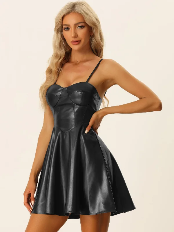 Vintage Women's Fashion PU Spaghetti Strap Sweetheart Neckline A-line Dress