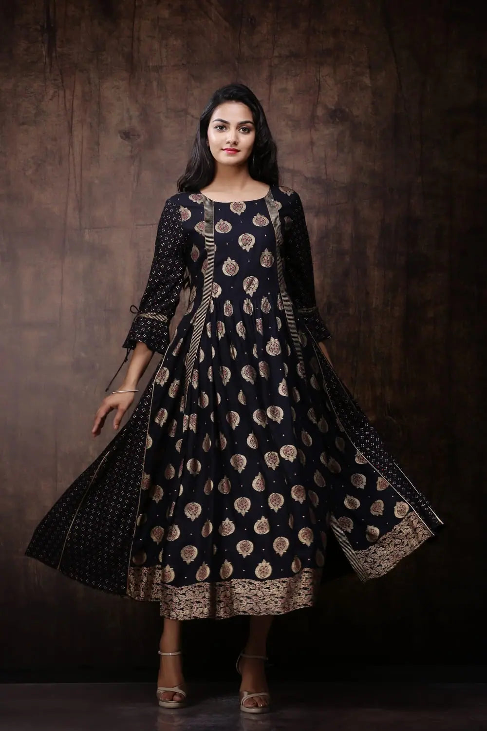 Women's Casual Garments Juniper Black Rayon Printed Jacket Style Kurta Dress