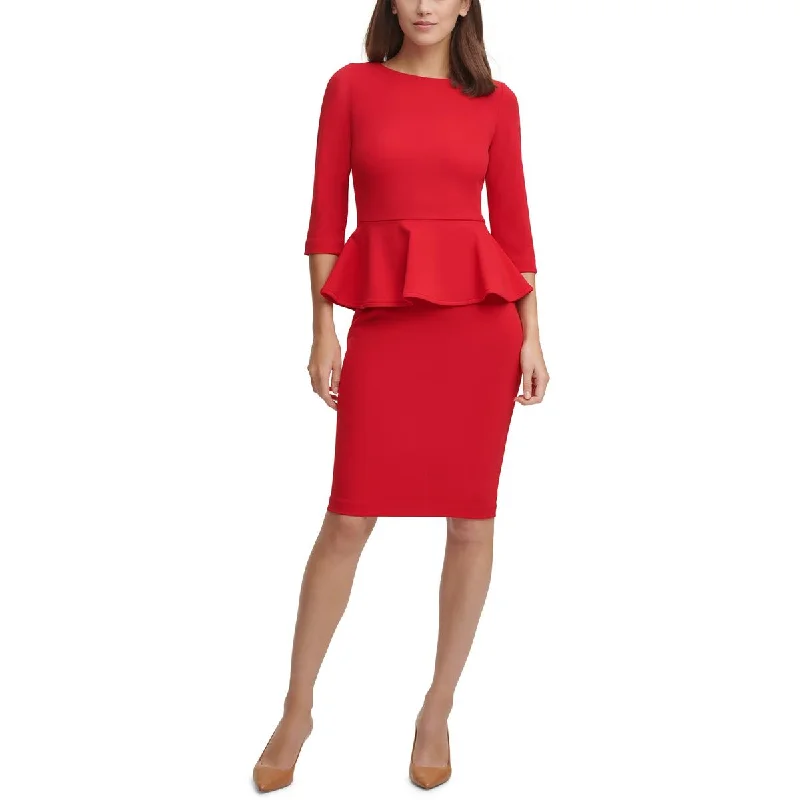 Feminine Dresses for Women in Bold Prints Calvin Klein Womens Petites Peplum Above Knee Sheath Dress