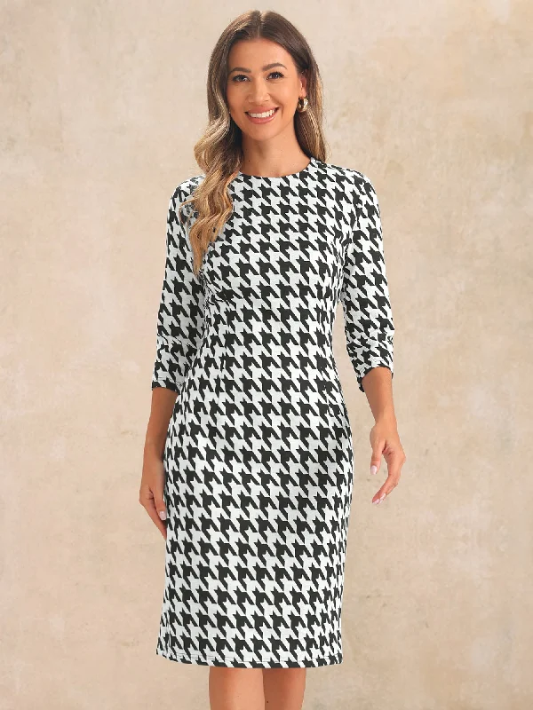 Women's Effortless Casual Outfit Houndstooth 3/4 Sleeve Elegant Cinched Waist Sheath Dress