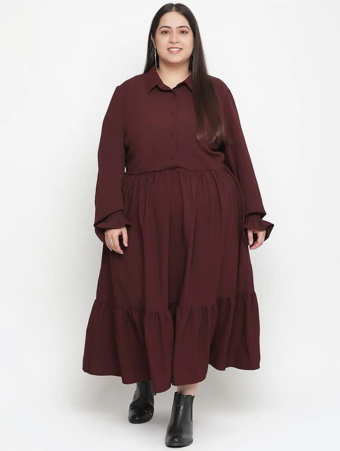 Trendy Casual Outfits Runway Solid Wine Stylish Plus Szie Women Dress