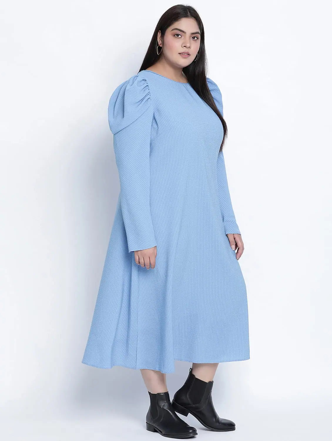 Bold and Elegant Women's Fashion Dolphin Poly Dobby Blue Plus Size Dress