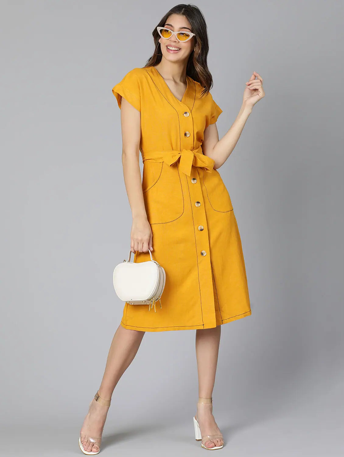 Everyday Fashion Mustard Color Linen Blend Meld Women Tie-Knot Dress