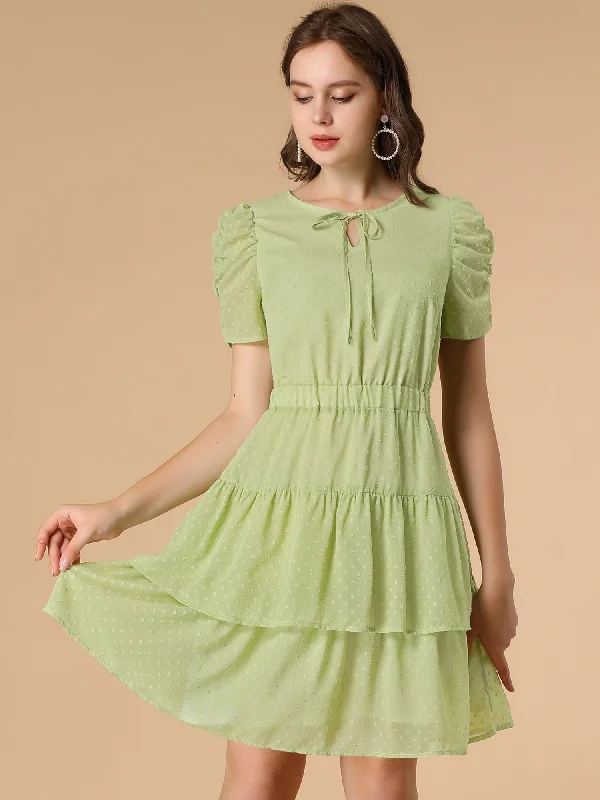 Sophisticated Fashion Swiss Dot Ruched Short Sleeve Elastic Waist Layer Ruffle Hem Dress