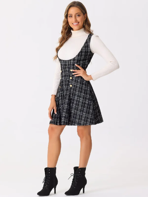 Women's Romantic Outfit Button Decor U Neck Plaid Tweed Overall Pinafore Dress