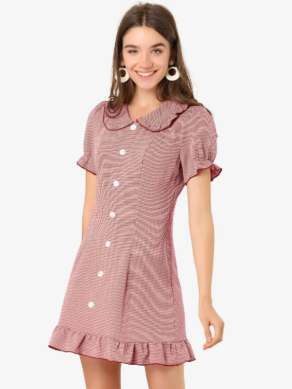 End of Season Sale Plaid Gingham Ruffled Retro Peter Pan Collar Dress