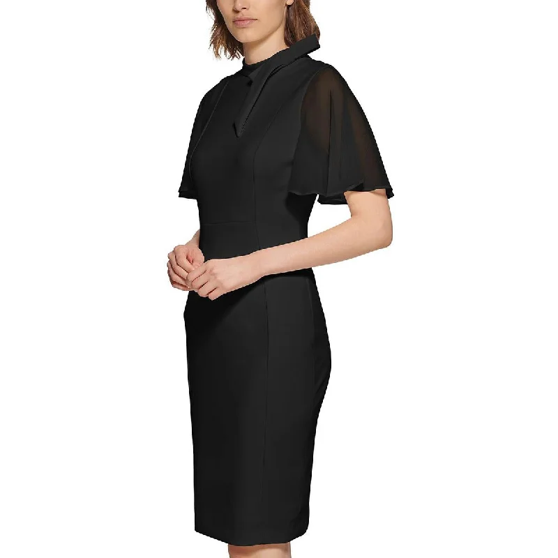 Women's Clothing Online Calvin Klein Womens Flutter Sleeves Tie Neck Sheath Dress