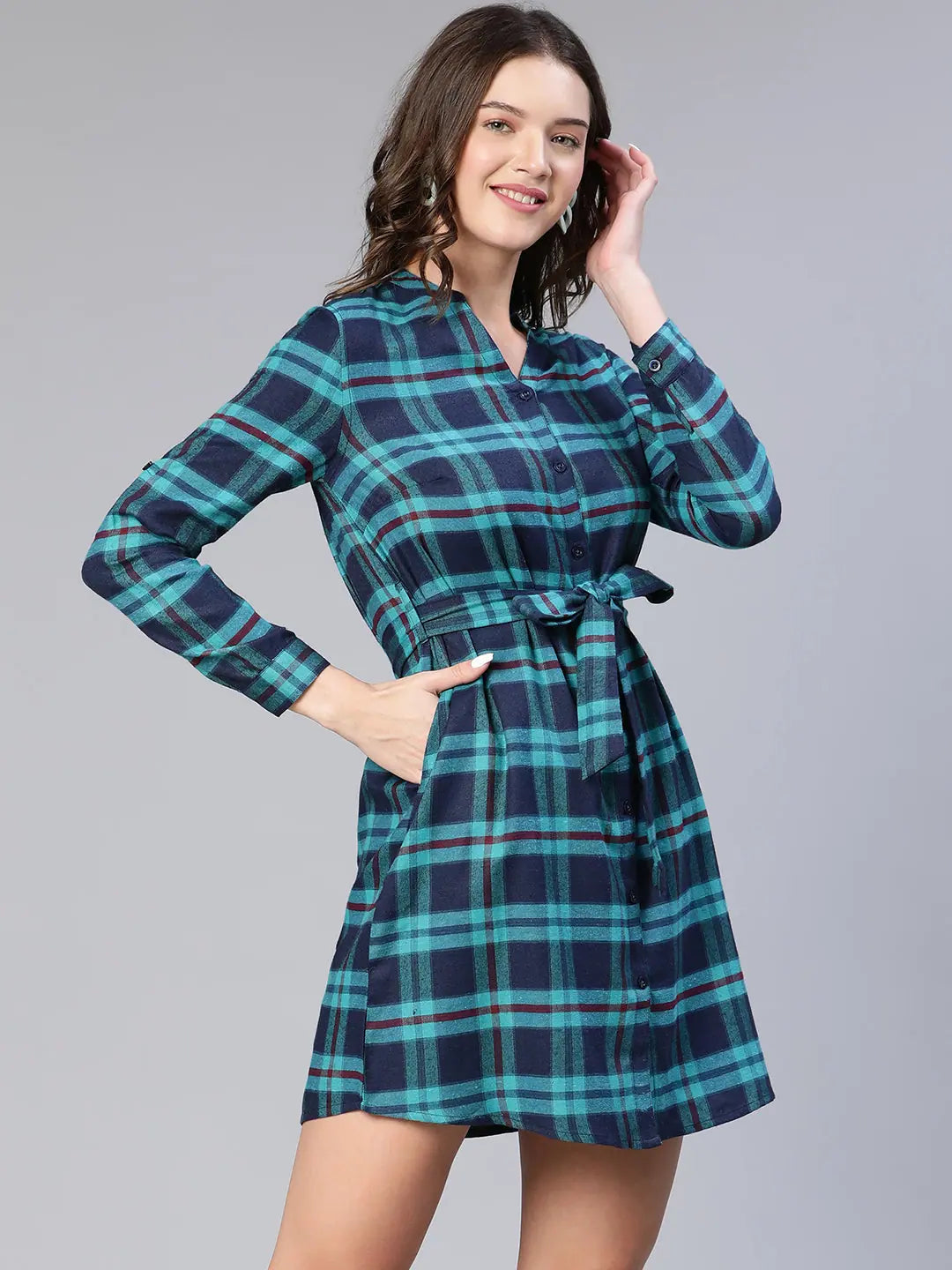 Women's Holiday Outfit All Green Brush Check Belted Women Dress