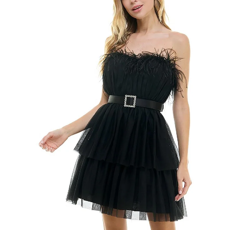 High Street Women's Fashion for Trendy Shoppers City Studio Womens Juniors Smocked Feathered Fit & Flare Dress