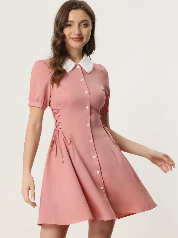 High End Women's Wear Vintage Peter Pan Collar Lace Up Button Down Dress
