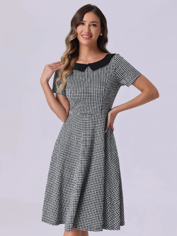 Women's Clothing Sets Houndstooth Vintage Peter Pan Collar Short Sleeve A-Line Dress