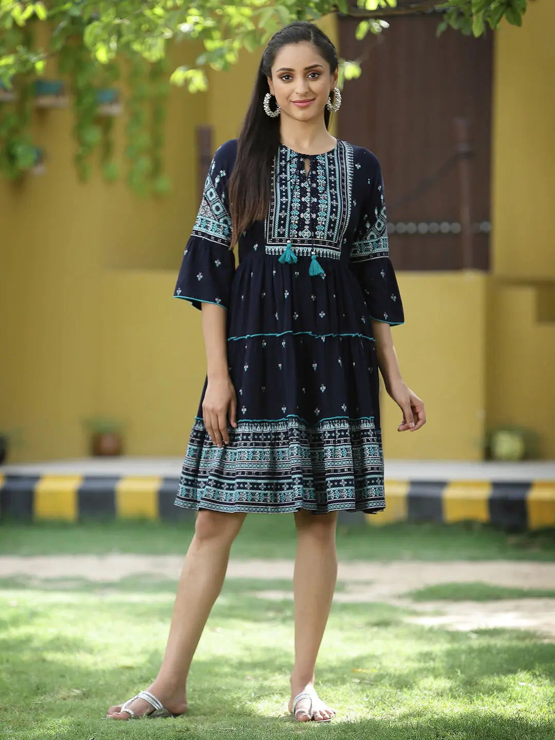 Women's Evening Clothes Juniper Navy Rayon Festive Printed Tiered Short Dress For Women Women's Evening Clothes Juniper Navy Rayon Festive Printed Tiered Short Dress For Women