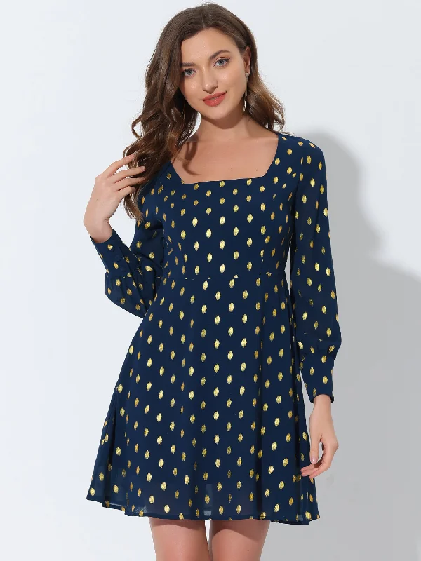 Women's Clothes For Outdoor Events Square Neck Long Puff Sleeve Metallic Polka Dot A-Line Dress