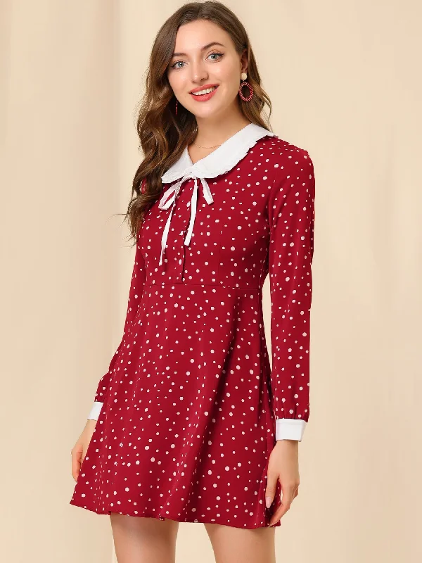 Trendy Women's Fashion Polka Dots Sweet Tie Neck Contrast Peter Pan Collar Dress