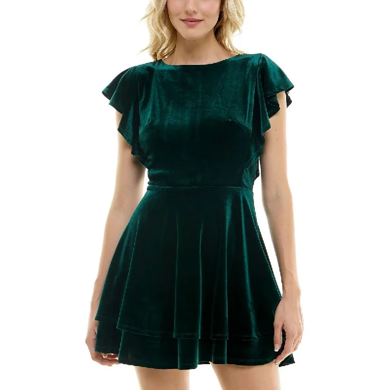 Stylish Women's Outfit Crystal Doll Womens Juniors Velvet Flutter Sleeves Fit & Flare Dress