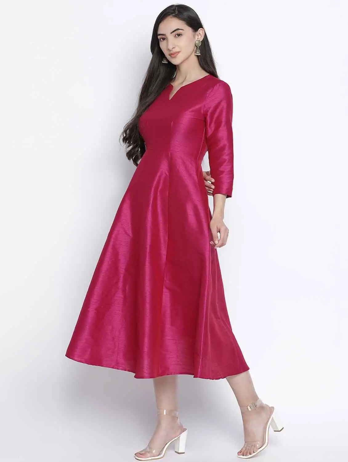 Elegant Women's Fashion Razzle Pink Dupion Silk Women Long Dress