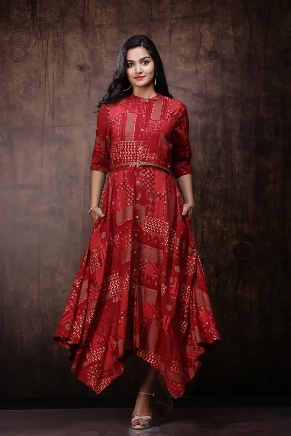 Best Online Clothing Boutiques Juniper Maroon Rayon Printed Asymmetric Dress With Belt