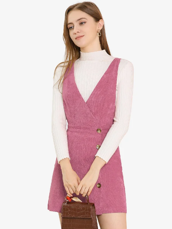Women's Activewear Outfit Corduroy Mini V Neck Vintage A-Line Bib Overall Pinafore Dress