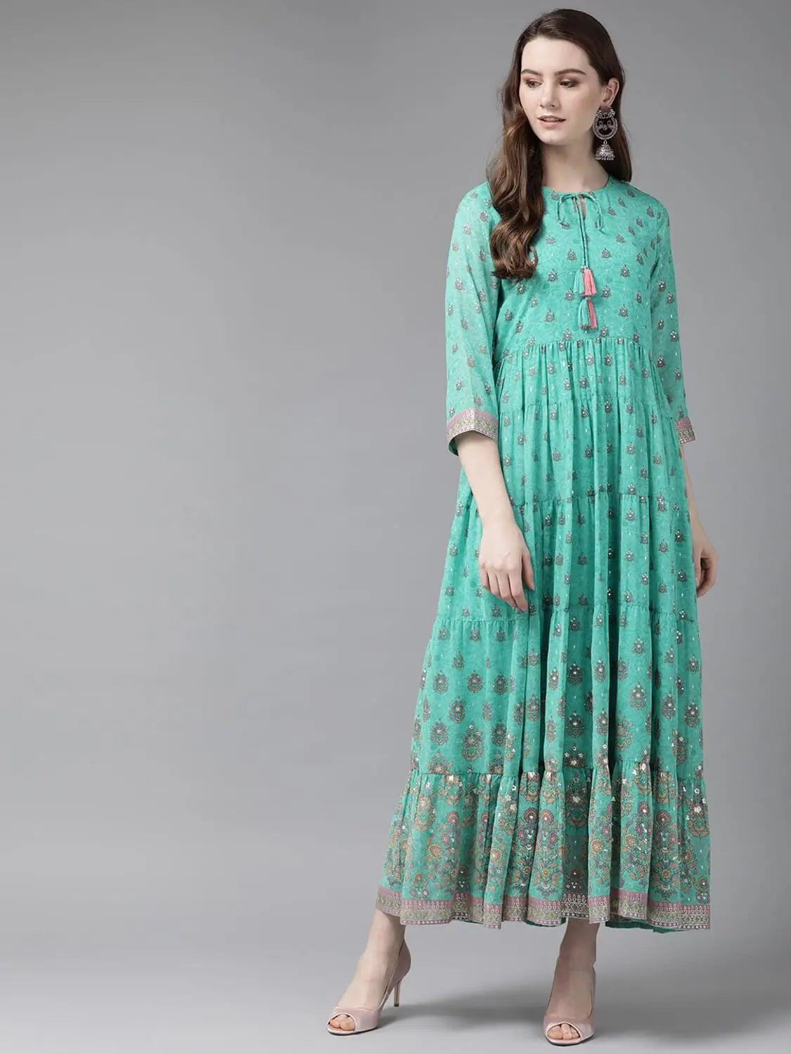 Women's High-Fashion Clothes Juniper Mint Georgette Printed Tiered Dress