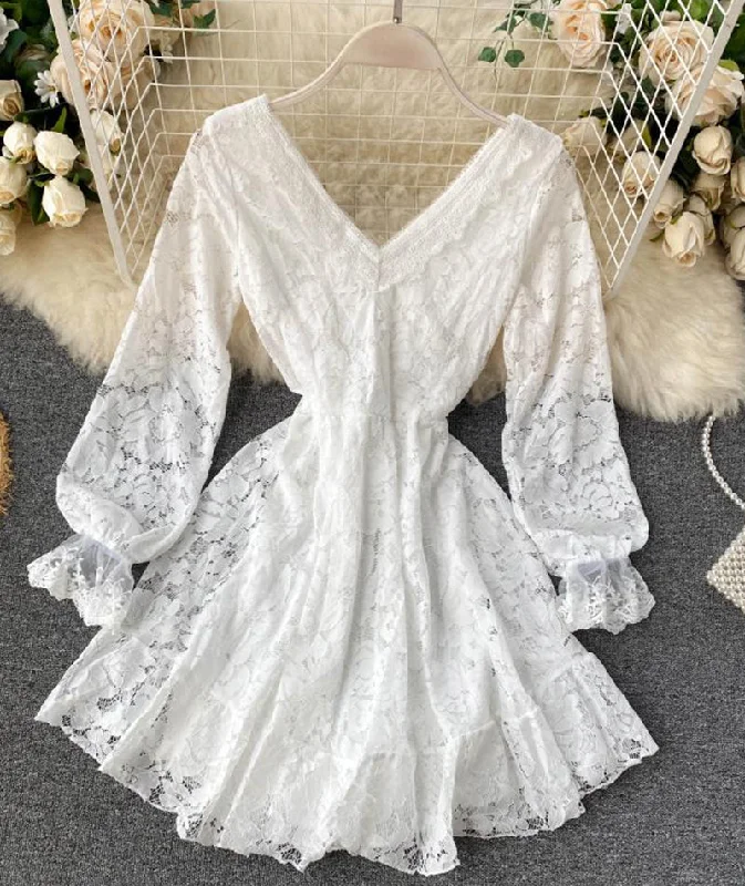 Women's Classic Outfit Cute v neck lace short dress lace dress  1039