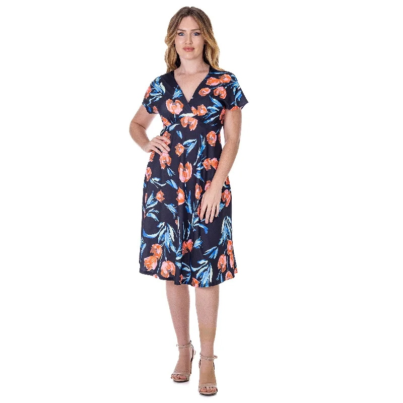 Women's Outdoor Activity Garments 24seven Comfort Apparel Womens Tulip Print V Neck Empire Waist Kimono Cap Sleeve Knee Length Dress Women's Outdoor Activity Garments 24seven Comfort Apparel Womens Tulip Print V Neck Empire Waist Kimono Cap Sleeve Knee Length Dress