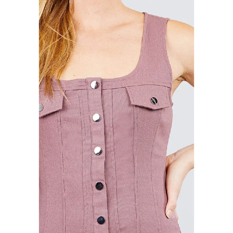 Trendy Women's Dresses Online Sleeveless Deep Square Neck Button Down Detail Mini Woven Dress