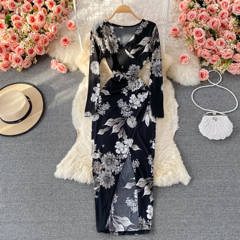 Stylish Savings Temperament sexy split slim print V-neck wrap hip dress  2910