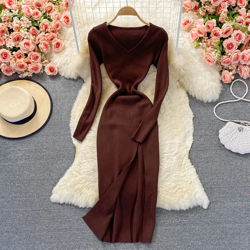 Charming Everyday Clothing For Women Tight elastic knitted skirt waist closing temperament split dress  2858