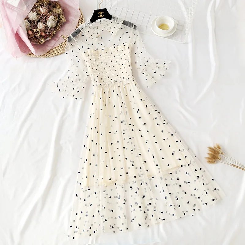 Women's Comfy Loungewear Outfit Small wave dot mesh dress retro long skirt over the knee  4465