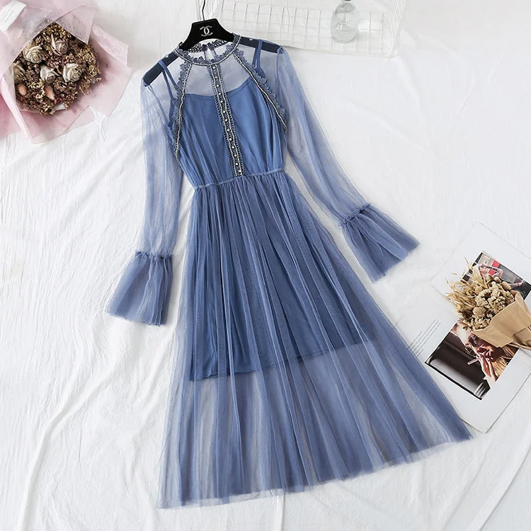 Comfortable Garments For Women Heavy industry Rhinestone lace gauze dress  4356