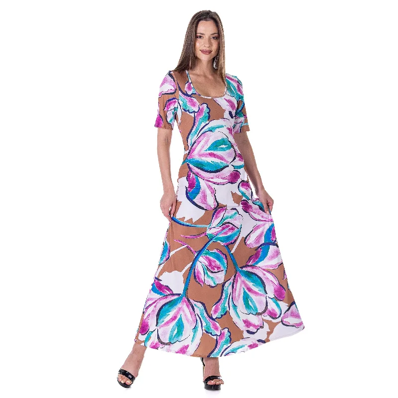 Women's Plus-Size Outfit 24seven Comfort Apparel Womens Pink Floral Elbow Sleeve Casual A Line Maxi Dress