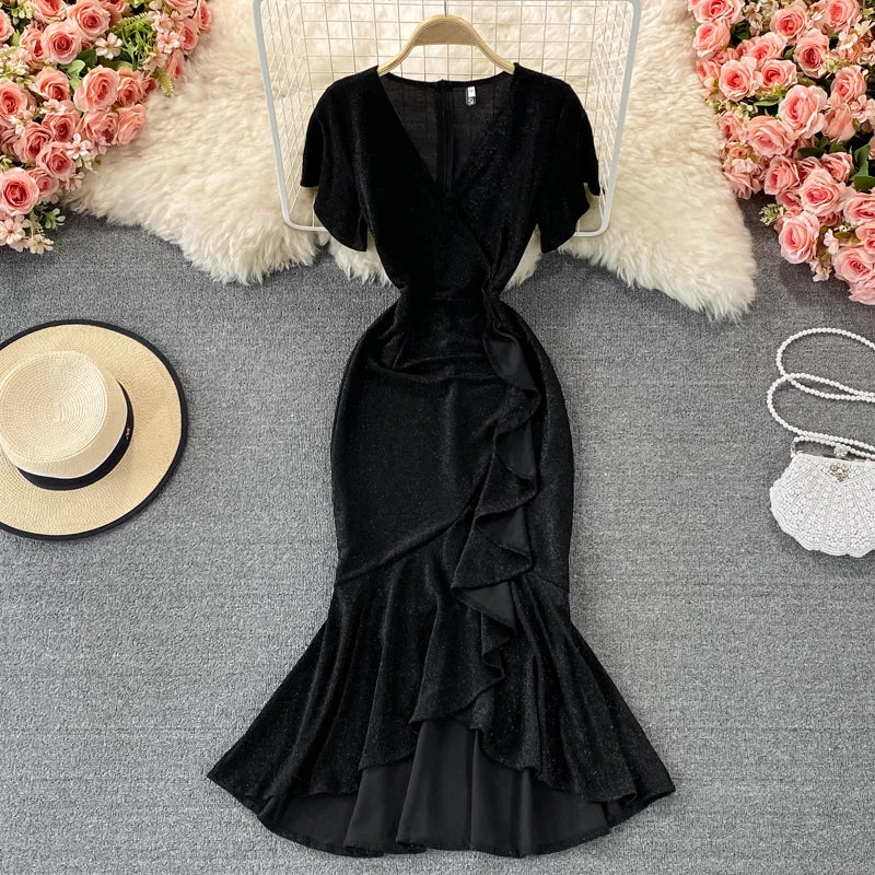 Women's Effortless Casual Outfit Elegant v neck fishtail dress fashion dress  1326
