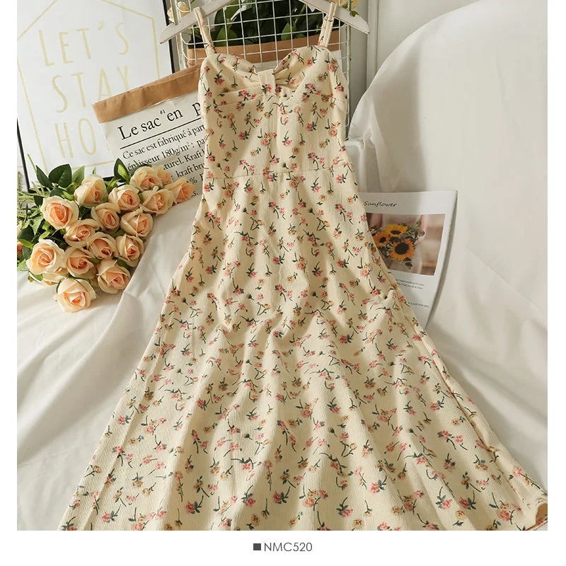 Sales Clothes Sweet wind printed pleated high waist thin medium length dress  2707