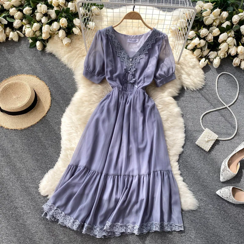 Tailored Clothing For Women Sweet lace V-neck slim mid-length french gentle chiffon dress  609