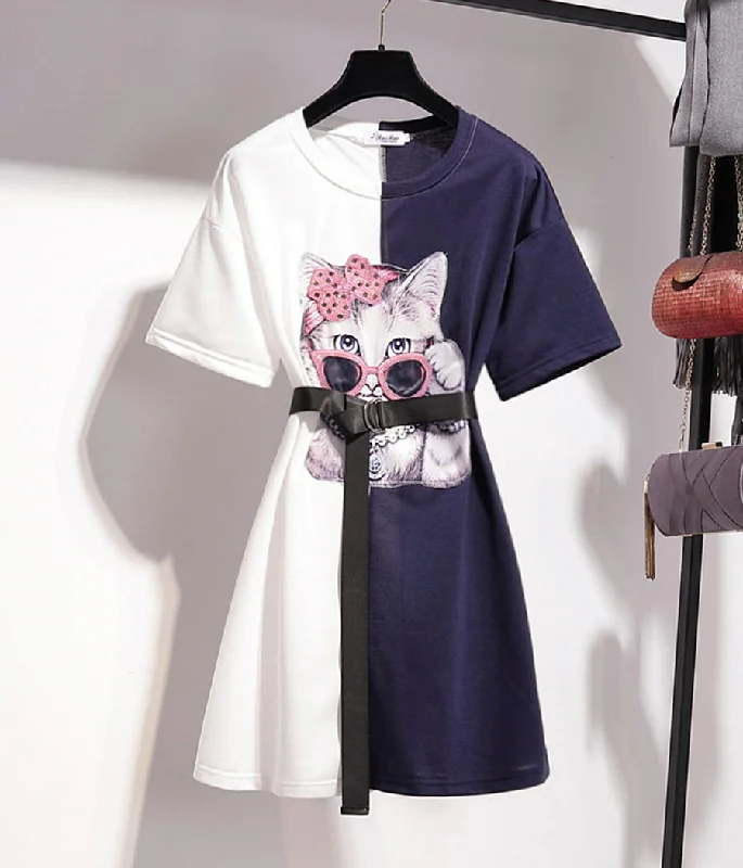 Flash Sale Online Cute cat round neck dress summer dress  1258