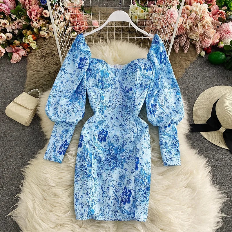 Must-Have Styles Blue and white porcelain printed square neck sexy Lantern Sleeve Dress  2813