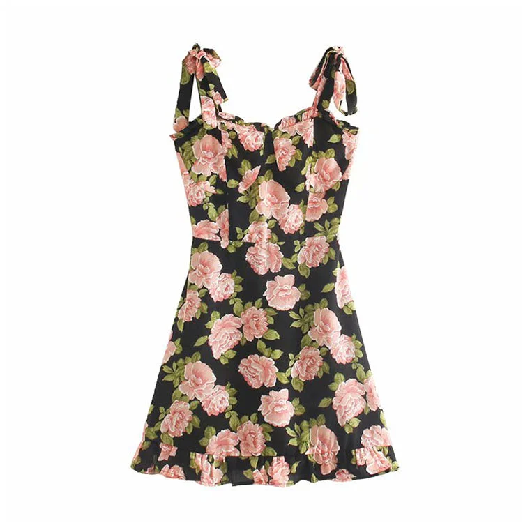 Women's Vintage Garments New slim slim ruffled double shoulder strap bow print dress  7071