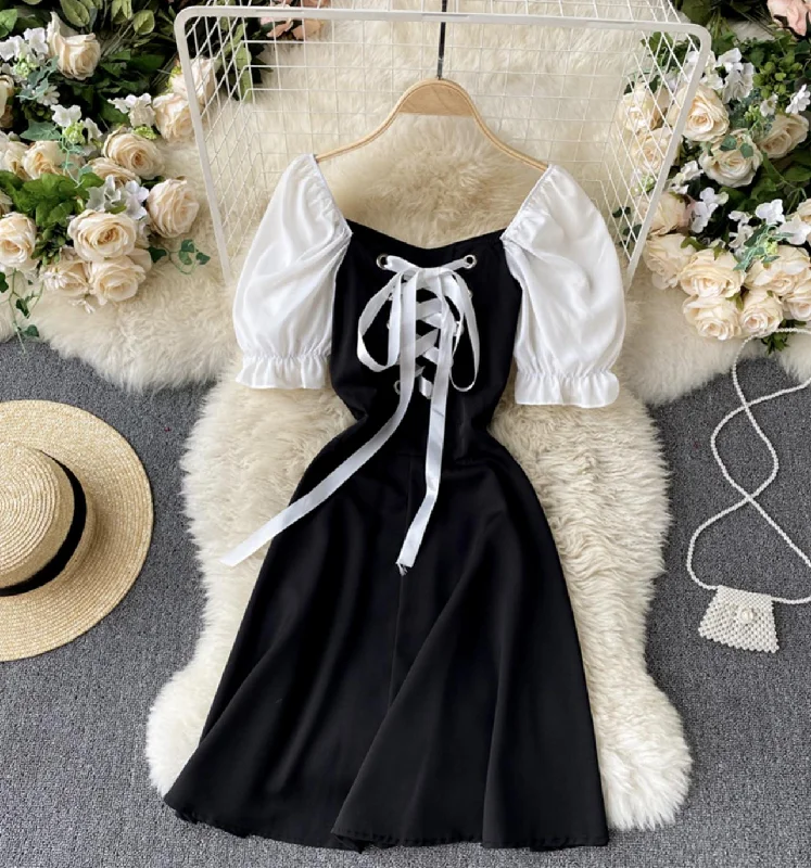 Chic Women's Outfit Black lace up short dress A line fashion dress  741