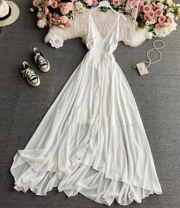 Trendy Casual Outfits Simple A line chiffon dress white v neck dress  824