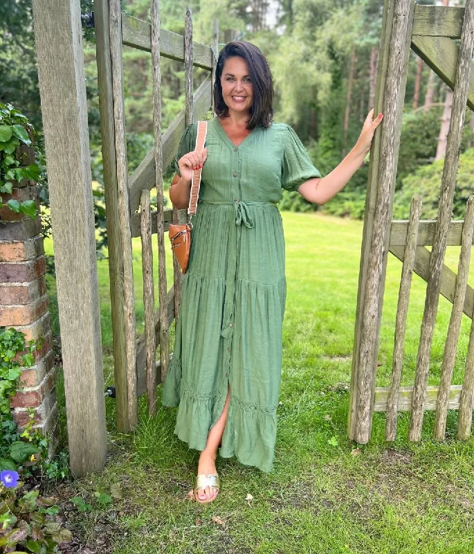 Women's Office Clothing Khaki Button Through Maxi Dress