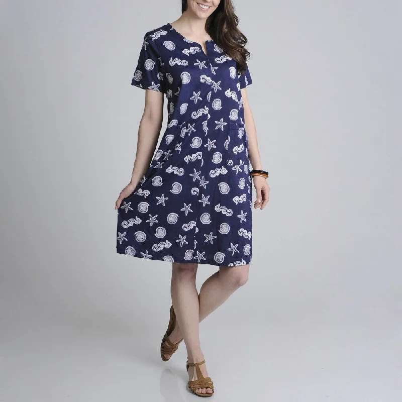 Casual Fashion La Cera Women's Navy Shell Print Zip-front Dress