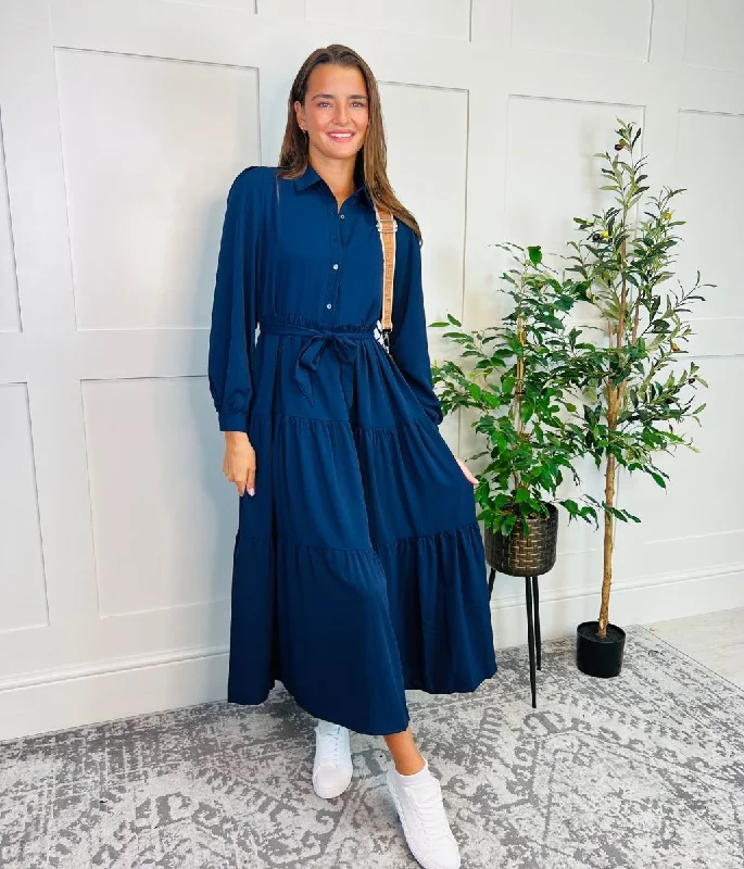 Women's Trendy Clothes Navy Blue Tiered Belted Shirt Dress