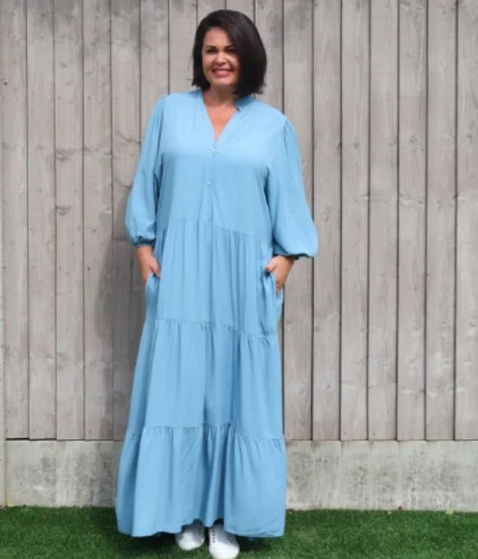 Online Boutiques Clothing Blue Tiered Maxi Shirt Dress