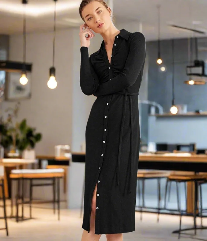 Fashion-forward Women's Wear Black Buttoned Ribbed Midi Shirt Dress