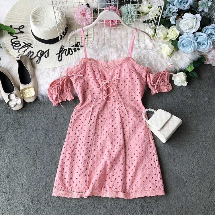 Modern Women's Wardrobe Essentials Off shoulder lace cut-out lace strap slim off shoulder dress  3725