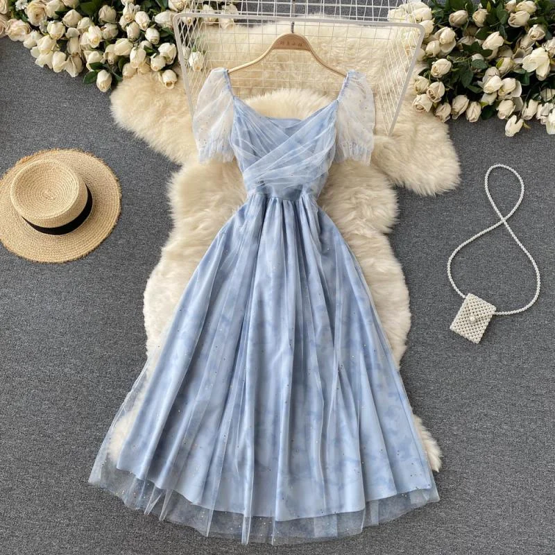 Women's Elegant Evening Outfit Blue tulle short A line dress fashion dress  390