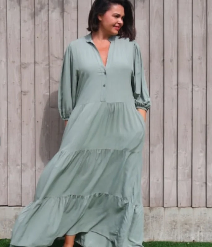 Women's Clothing Khaki Tiered Maxi Shirt Dress