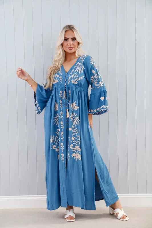 Sustainable Women's Clothes Mira Embroidered Dress Denim Blue