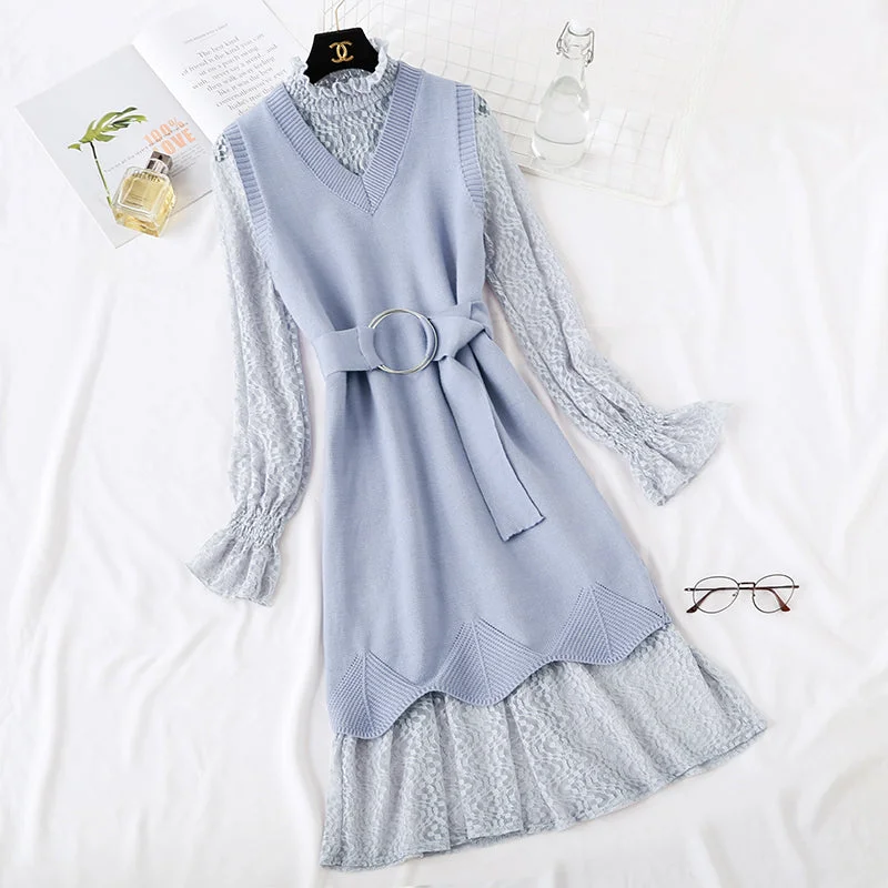 Latest Fashion Minority LACE VEST knitted dress fashion suit two piece set female  2473