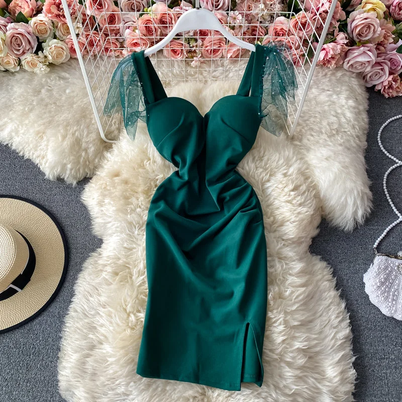 High End Fashion Sexy backless pleated slim wrap hip skirt fashion split dress  3284